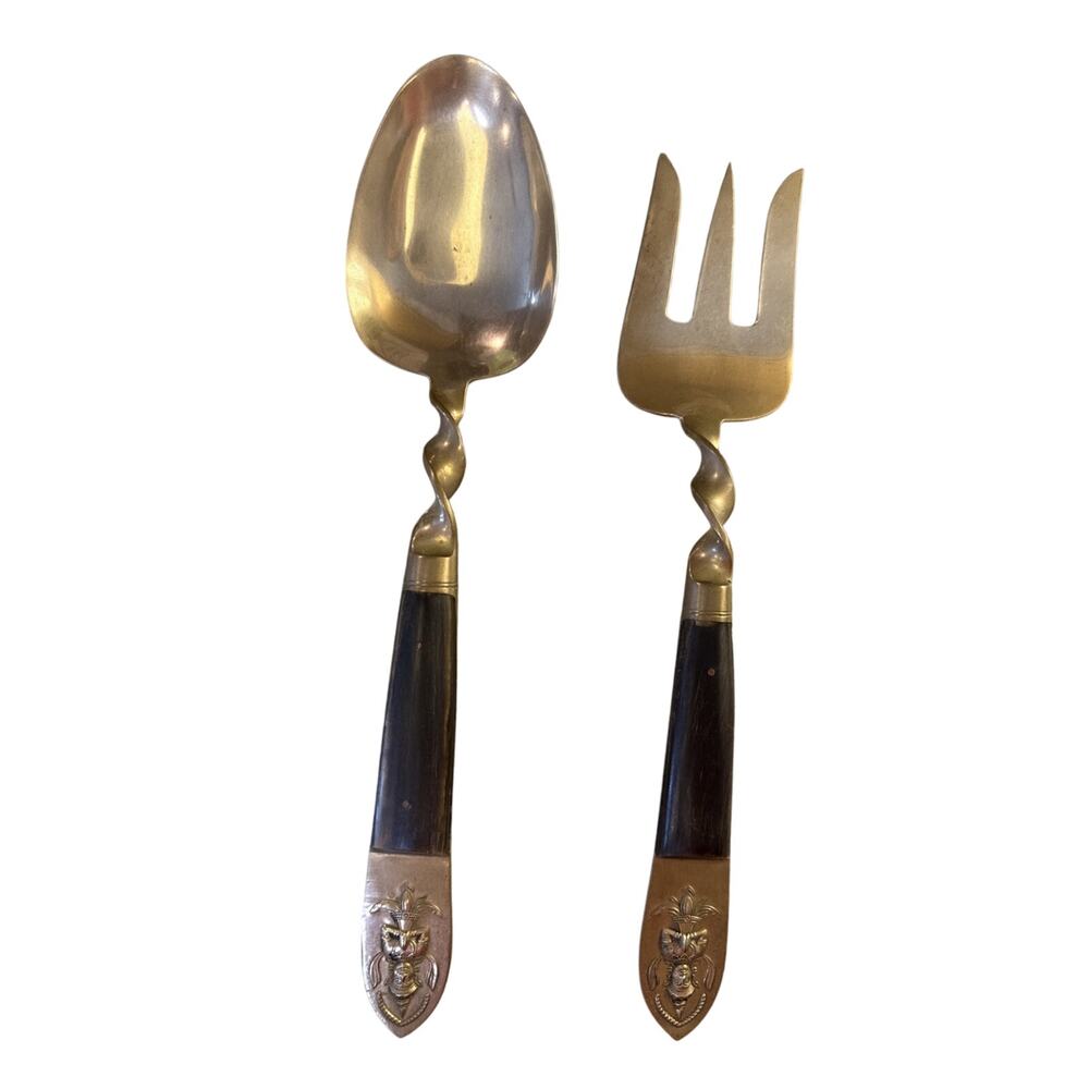 Vintage 1950’s Siam Thailand Mid Century Bronze‎ And Wood Serving Fork & Spoon